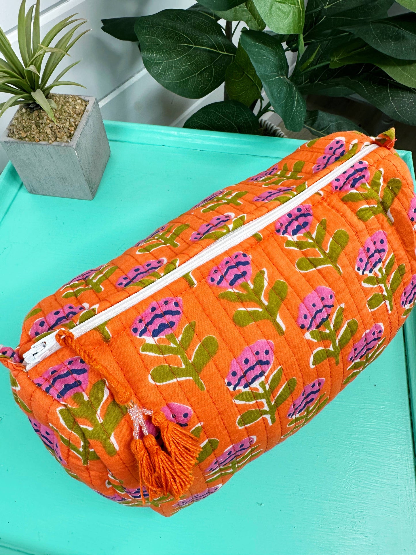 Orange Floral Quilted Cosmetic Bag
