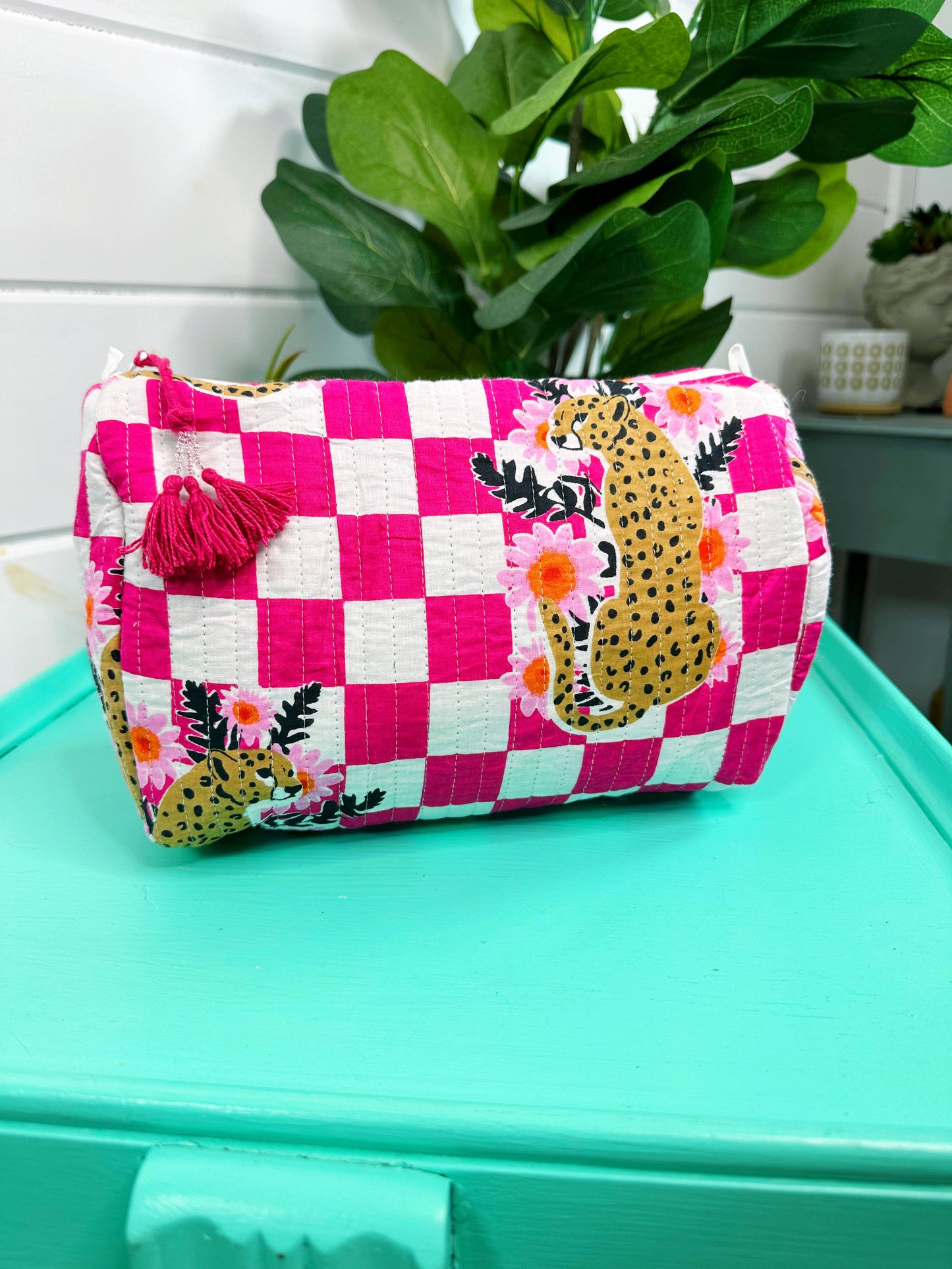 Pink Jaquar Quilted Cosmetic Bag
