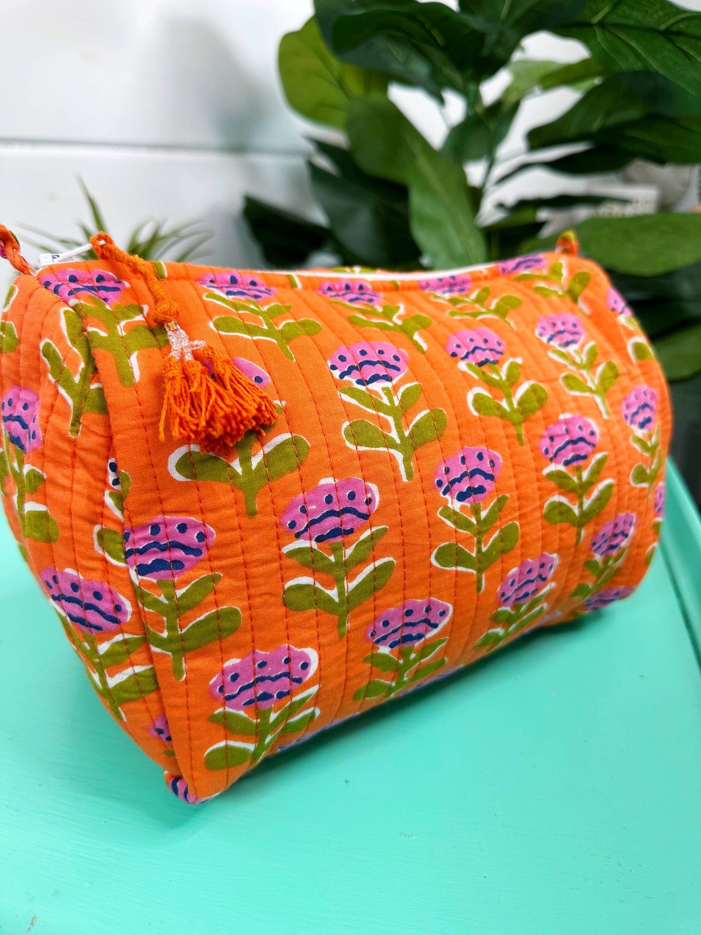 Orange Floral Quilted Cosmetic Bag