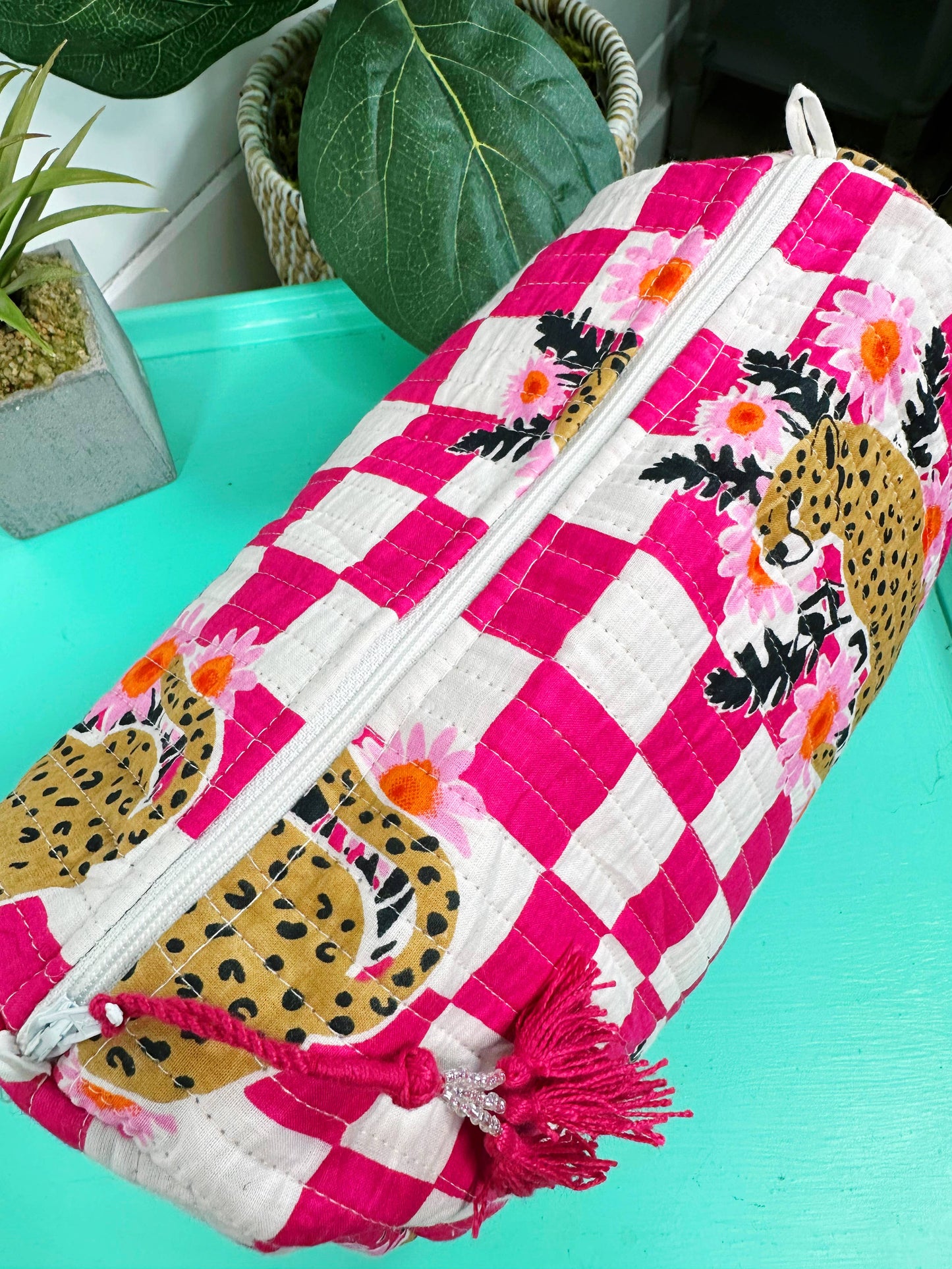 Pink Jaquar Quilted Cosmetic Bag