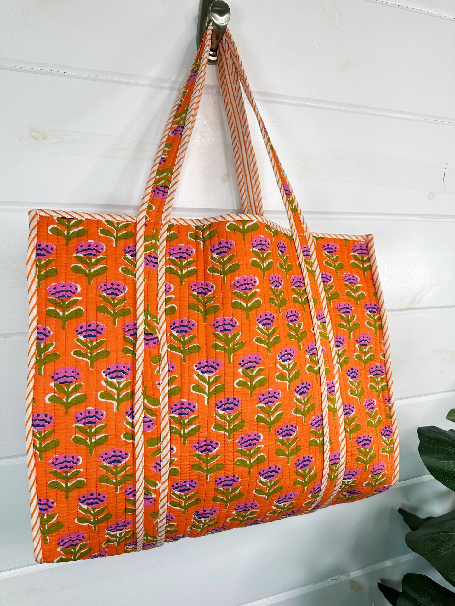 Quilted Orange Floral Tote Bag