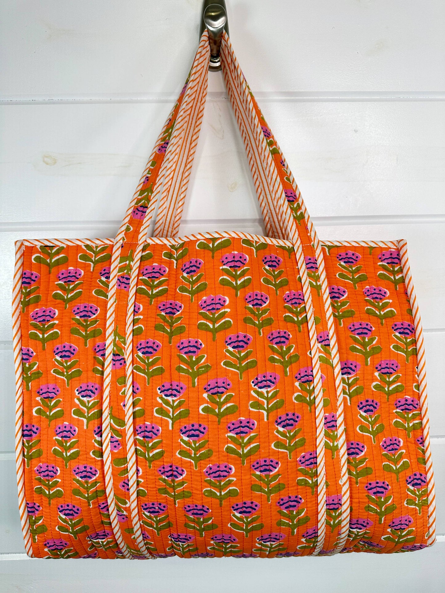 Quilted Orange Floral Tote Bag