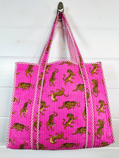 Pink Quilted Tiger Print Tote Bag