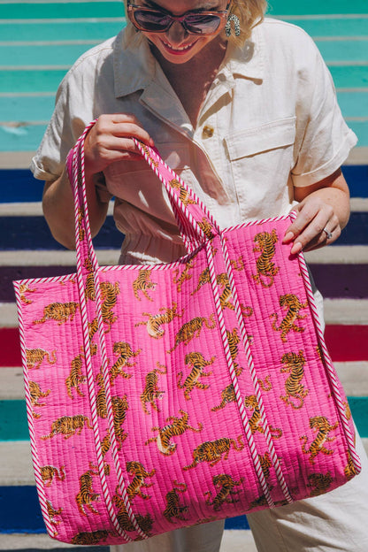 Pink Quilted Tiger Print Tote Bag