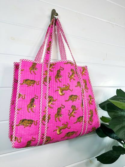 Pink Quilted Tiger Print Tote Bag