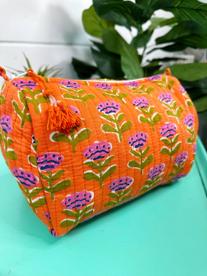 Orange Floral Quilted Cosmetic Bag