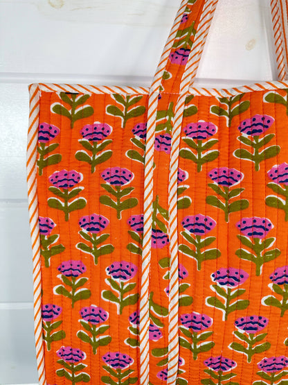 Quilted Orange Floral Tote Bag
