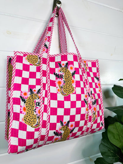 Pink Jaguar Quilted Tote Bag