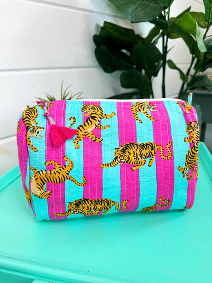 Quilted Teal Tiger Print Makeup Bag