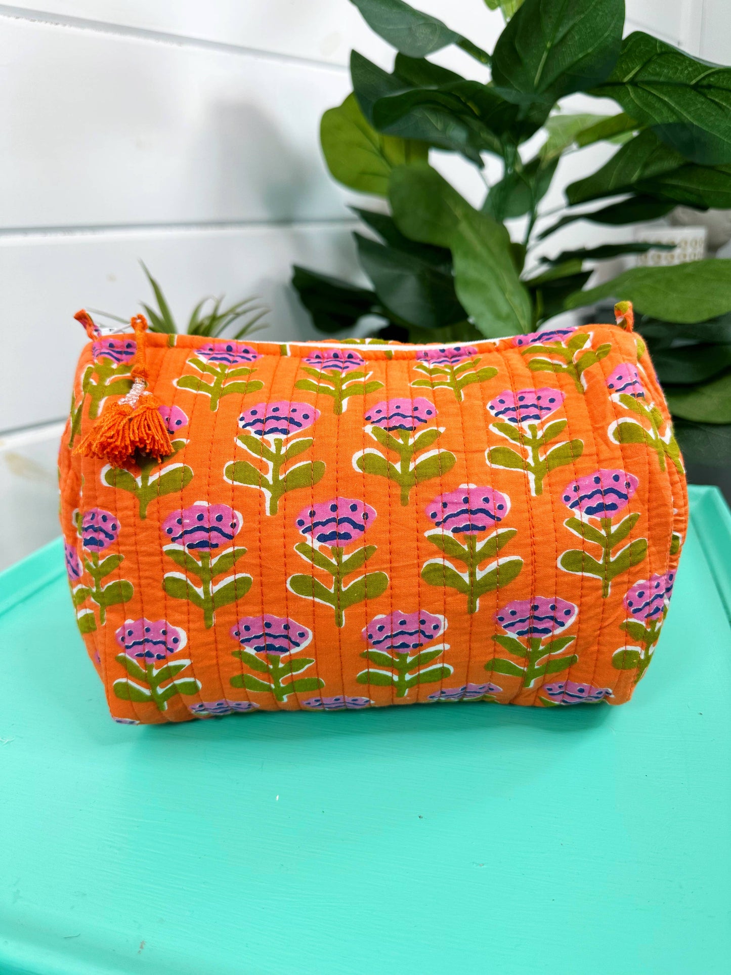Orange Floral Quilted Cosmetic Bag