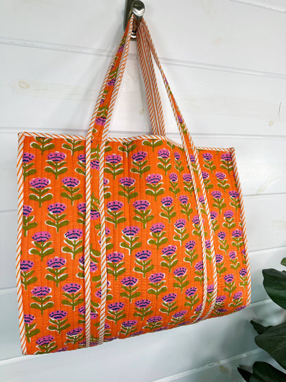 Quilted Orange Floral Tote Bag