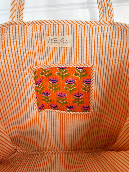 Quilted Orange Floral Tote Bag