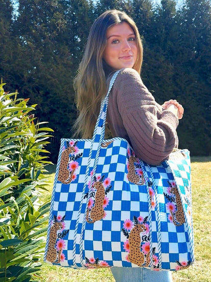 Quilted Blue Jaguar Tote Bag
