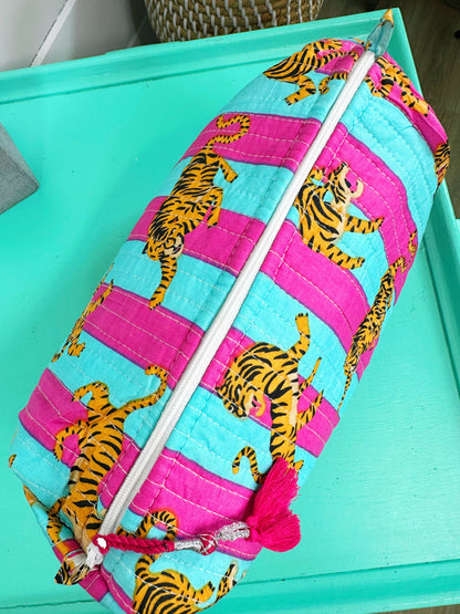Quilted Teal Tiger Print Makeup Bag