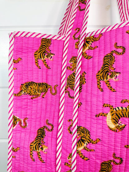 Pink Quilted Tiger Print Tote Bag