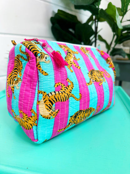 Quilted Teal Tiger Print Makeup Bag