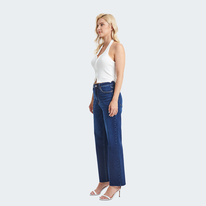 Jessica Super High Rise Raw Hem Jeans by Bayeas