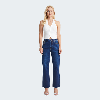 Jessica Super High Rise Raw Hem Jeans by Bayeas